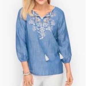 Dressbarn, Plus Size 2X Denim Blue 100% Cotton Tassels Embroidered Blouse NWOT